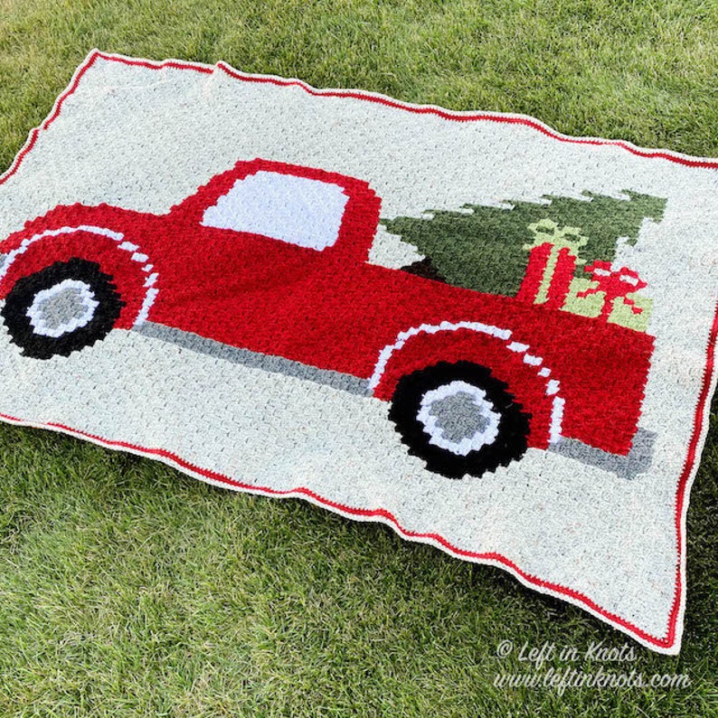 Vintage Red Truck with Christmas Tree C2C Crochet Blanket PATTERN DOWNLOAD with Written Color Changes and Pixel Chart image 1