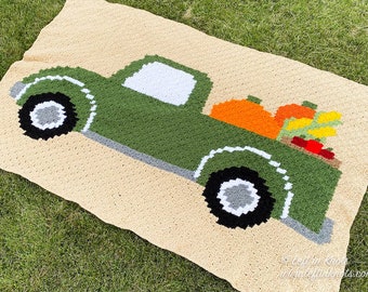 Vintage Truck with Pumpkins and Apples for Fall C2C Crochet Blanket PATTERN DOWNLOAD with Written Color Changes and Pixel Chart