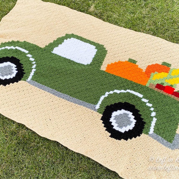 Vintage Truck with Pumpkins and Apples for Fall C2C Crochet Blanket PATTERN DOWNLOAD with Written Color Changes and Pixel Chart