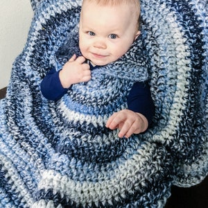 Crochet Car Seat Poncho for Baby and Toddlers PDF Printable Download using bulky yarn for safe car seat travel in winter