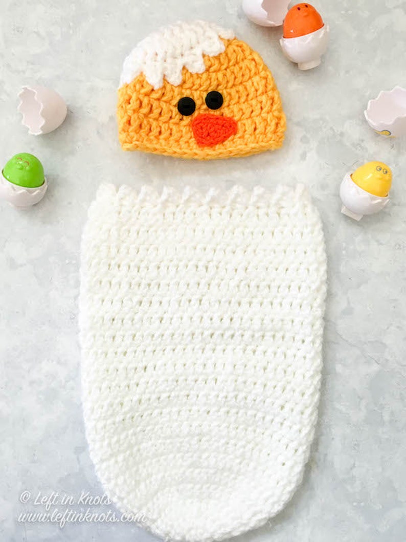 Baby Chick Nyfödd Kokon och Mössa Foto Rekvisita Set Virkmönster Utskrivbar PDF Vårbaby Insla bild 3