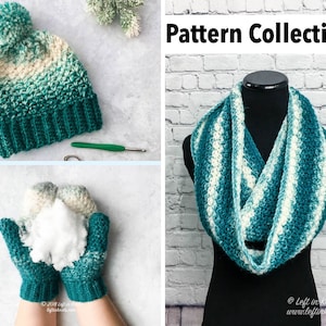 Crochet Snowball Pattern Collection: Three Modern and Easy Crochet Patterns Using Lion Brand Scarfie Yarn infinity scarf slouchy hat mittens