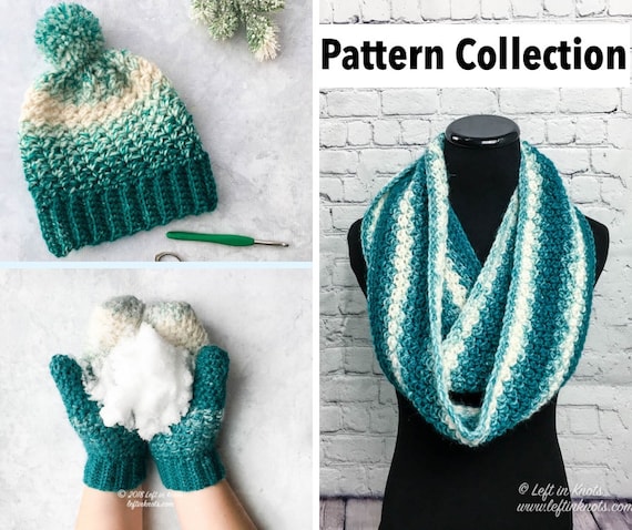 Crochet Snowball Pattern Collection Three Modern And Easy Crochet Patterns Using Lion Brand Scarfie Yarn Infinity Scarf Slouchy Hat Mittens