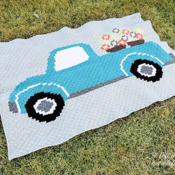 Vintage Truck with Flowers C2C Crochet Blanket PATTERN DOWNLOAD with Written Color Changes and Pixel Chart