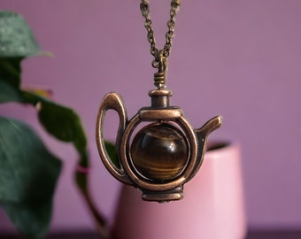 Handmade teapot necklace Tiger eye spinner pendant necklace Custom length Tea lover gift Cotagecore style Girlfriend ADHD gift