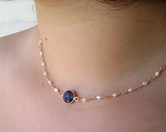 Birthstone necklace September sapphire and pearl 14K gold filled necklace Dainty necklace Birthday jewelry gift for girlfriend