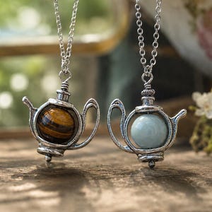 Silver tone Fidget Spinner Stim jewelry for women Amazonite Tigers eye Teapot Necklace