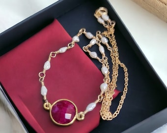 Seed pearl necklace raw ruby necklace Raw sapphire necklace Gold