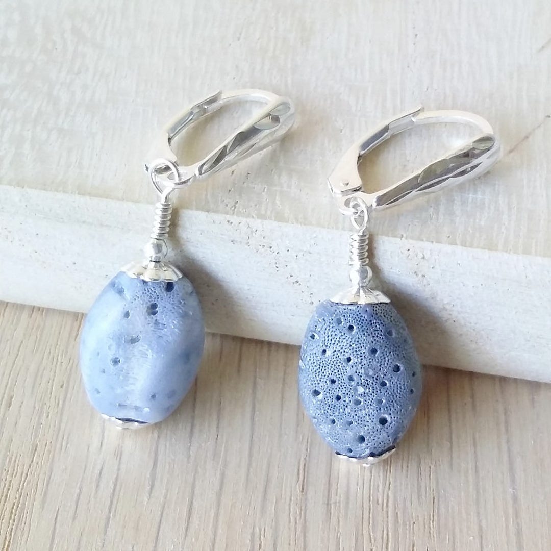 Blue Coral Jewelry Sterling Silver Sponge Coral Dangle Earrings Natural