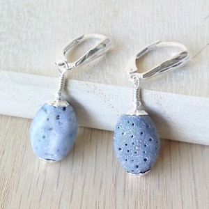 Blue coral jewelry, Sterling silver, sponge coral, dangle earrings, Natural blue coral, Raw coral jewelry, Birthday jewelry, Blue earring for wife,