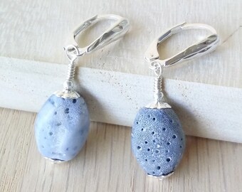 Blue coral jewelry Sterling silver sponge coral dangle earrings Natural blue coral Raw coral jewelry Birthday jewelry Blue earring for wife