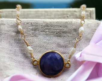 Handmade bridal Sapphire necklace Blue wedding Pearl regency jewelry