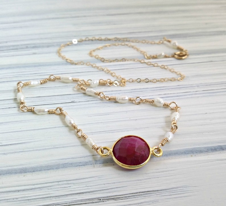 Seed pearl necklace raw ruby necklace Raw sapphire necklace Gold