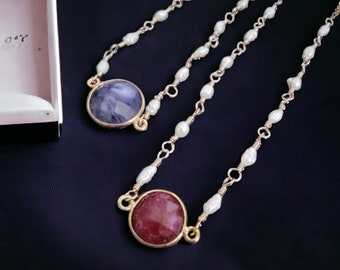 Seed pearl necklace raw ruby necklace Raw sapphire necklace Gold