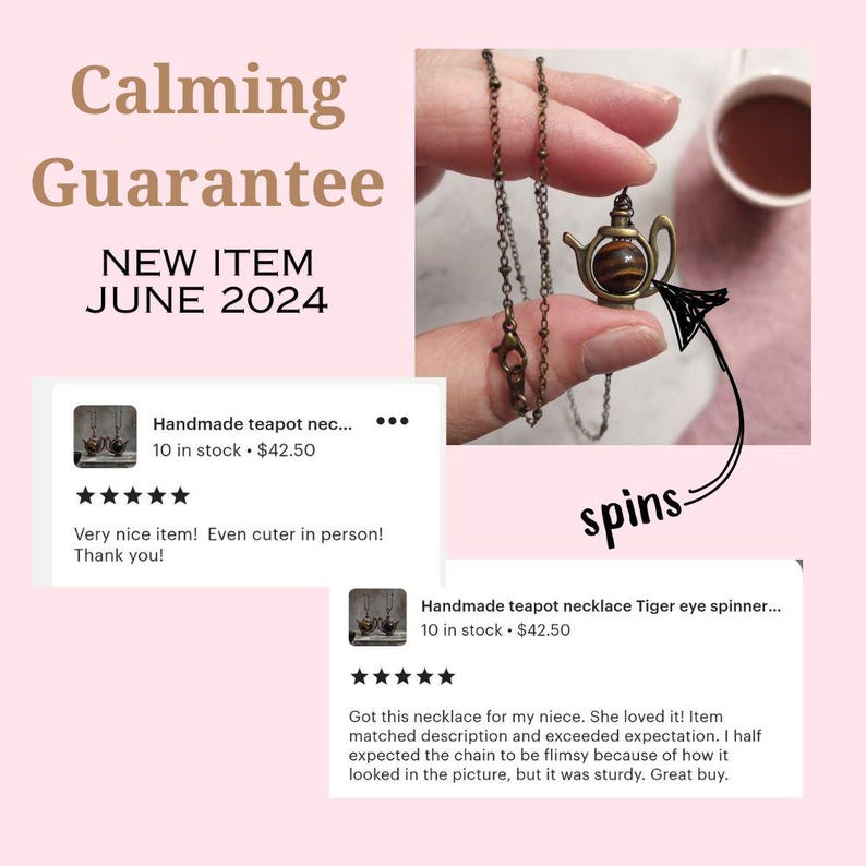 May include: A gold teapot necklace with a tiger eye stone pendant. The teapot spins on a chain. The necklace is 10 inches long and costs $42.50. The image includes a customer review stating that the necklace exceeded expectations and was sturdy.