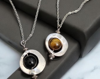 Spinning Fidget Necklace: Tiger Eye, Shungite, Calming Jewelry