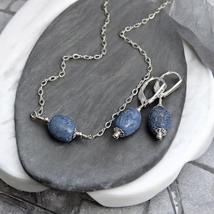 Blue coral jewelry set Sterling silver sponge coral dangle earrings / necklace Natural blue coral  Birthday jewelry Blue earring for wife