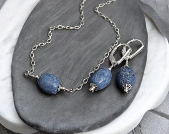Blue coral jewelry set Sterling silver sponge coral dangle earrings / necklace Natural blue coral  Birthday jewelry Blue earring for wife