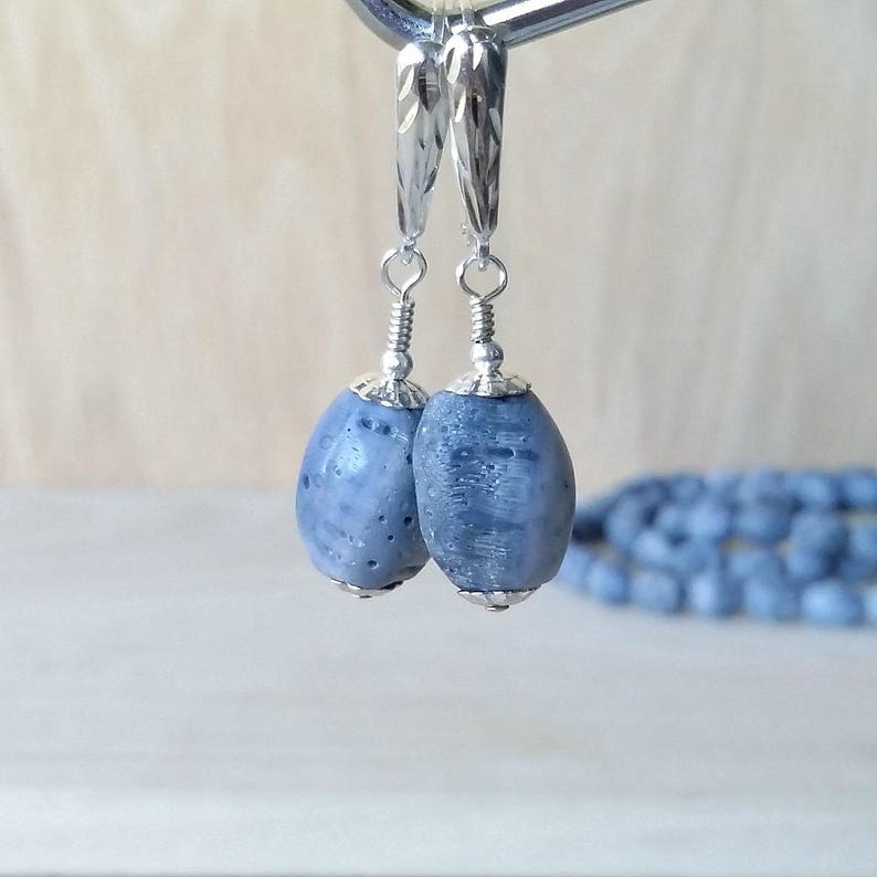 Blue coral jewelry Sterling silver sponge coral dangle earrings Natural blue coral Raw coral jewelry Birthday jewelry Blue earring for wife image 4