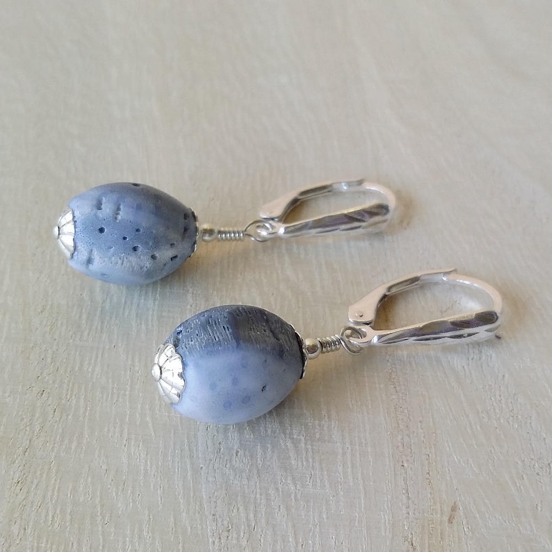 Blue coral jewelry Sterling silver sponge coral dangle earrings Natural blue coral Raw coral jewelry Birthday jewelry Blue earring for wife image 5