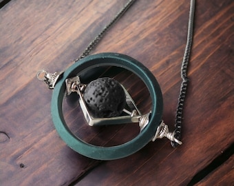 Fidget pendant  Black spinning stone long chain necklace Anti Anxiety adult gift ADHD stim jewelry Black silk cord Lava stone