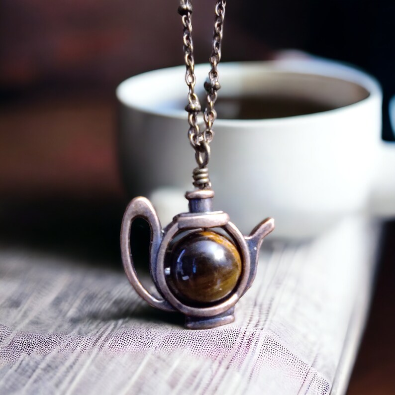 Handmade jewelry,  teapot necklace, Tiger eye, spinner pendant, necklace fidget,  Custom length, Tea lover gift, Cotagecore style, Girlfriend ADHD gift, Gemstone spinner, natural stone, adult fidget necklace