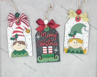 Elf themed tag ornaments