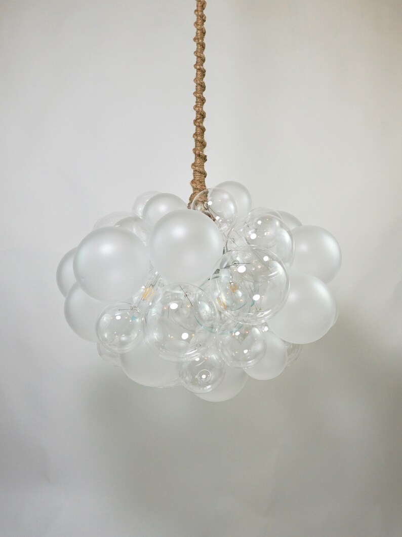 The Semi-Frosted 45 Bubble Chandelier 28 diameter  Tan Jute (Spiraled)