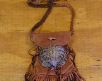 4" Red Ear Slider Turtle Shell & Rust Deer Leather Bag