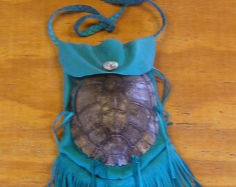 7" Red Ear Slider Turtle Shell & Turquoise Color Deer Leather Bag