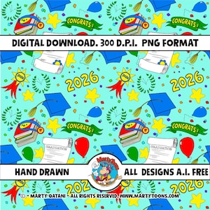 Puede incluir: Patrón repetitivo con ilustraciones temáticas de graduación. El diseño incluye gorras de graduación, diplomas, libros, estrellas, globos y cintas con el texto "CONGRATS!". El fondo es de color azul claro, con el año "2026" en un lugar destacado.