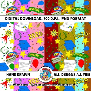 May include: A vibrant digital download graphic with graduation motifs. The design incorporates mortarboards, scrolls, stars, balloons, and the text "CONGRATS!" and "2026". The image is labeled "DIGITAL DOWNLOAD. 300 D.P.I. PNG FORMAT".