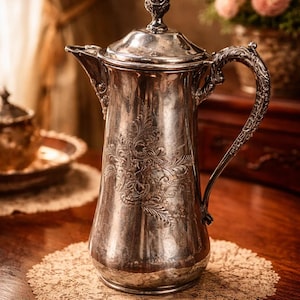 Op de afbeelding: Een zilverkleurige antieke waterkan met een deksel en een sierlijke handgreep. De kan heeft een reliëf bloemenontwerp en staat op een kanten placemat. De achtergrond toont een houten tafel en een glimp van een bloemstuk.