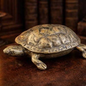 May include: A vintage-style brass turtle figurine with a detailed shell and outstretched legs. The turtle is placed on a dark wooden surface, with a candle and antique books in the background. The figurine is a decorative item.