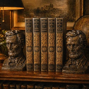Puede incluir: Una colección de libros antiguos titulados "The Chronicles of America" con detalles dorados, entre dos bustos de bronce de Abraham Lincoln. Los libros son de Yale University Press.