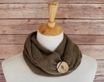 Knit Infinity Scarf, Taupe Olive Green with Button, Holiday Gift Day Gift for Fashionista Mom, Present for Mom in law. Birthday Aunt