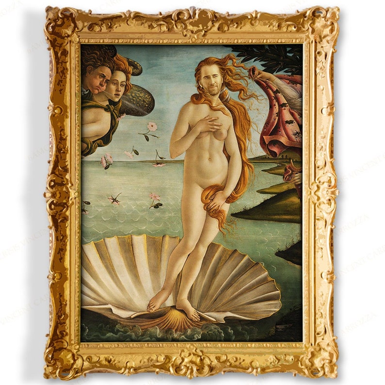 Nic Cage painting, The Birth of Nicolas Cage (after Botticelli), Open Edition X-Large print
