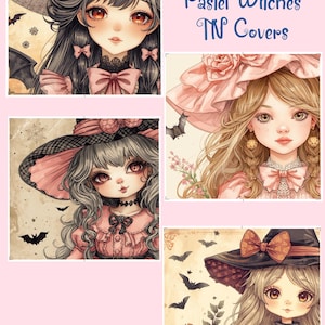 May include: Digital art featuring four illustrations of anime-style witches in pastel colors. Each witch wears a hat and a dress, with bats and other Halloween-themed elements. The text "Shabby Chic Pastel Witches TN Covers" is displayed.