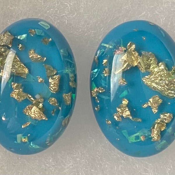 1 pair 18x25mm turquoise blue gold foil oval resin cabochon flat back-C