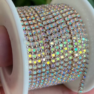1 yard strand of SS6 2mm Clear AB metal silver chain glass rhinestone banding MB9