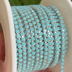 1 yard SS6 turquoise blue metal silver chain rhinestone banding