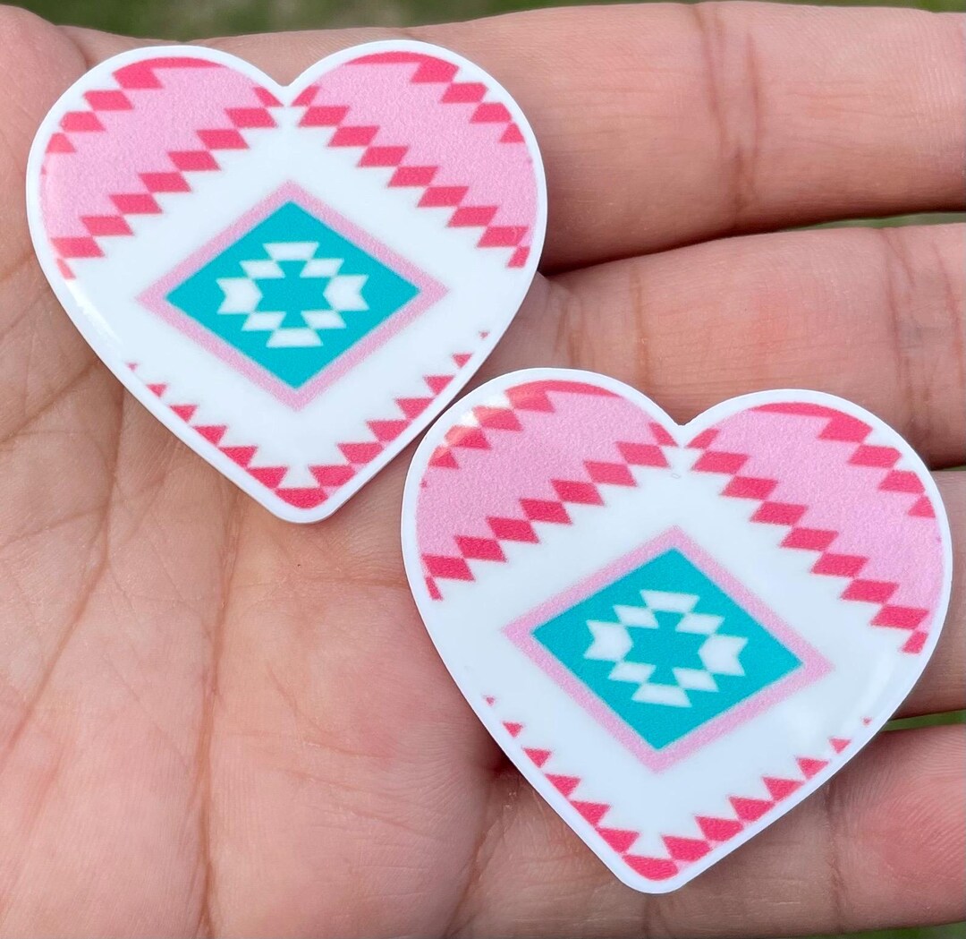 Aztec Pattern Heart Image 1 Pair (2 Piece) 40x37mm Pink Aztec Heart Planar Resin Flat Back R-53 ...