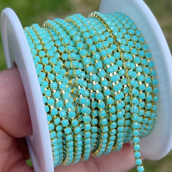 1 yard SS6 solid turquoise acrylic cup rhinestone gold chain metal banding