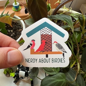 Nerdy About Birdies Bird Feeder Bird Watching Die Cut Matte Sticker | Woodpecker Cardinal Wild Birds Backyard Birding Kindle Laptop Sticker