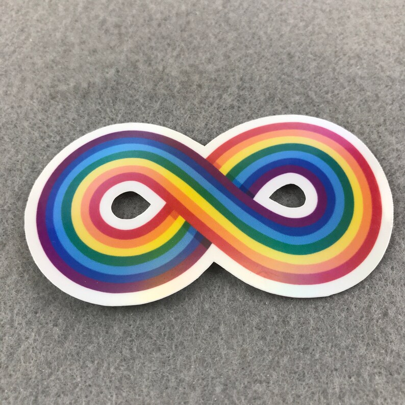 May include: A rainbow infinity symbol sticker. The symbol is made up of a series of rainbow stripes that are arranged in a continuous loop.