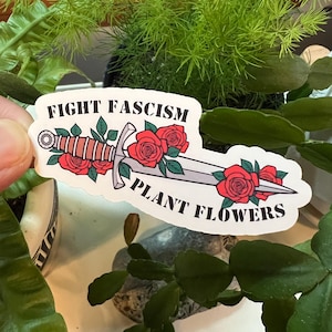 May include: A sticker with the text "FIGHT FASCISM PLANT FLOWERS" and a dagger design adorned with red roses and green leaves. The sticker is white with black text and a colorful illustration.