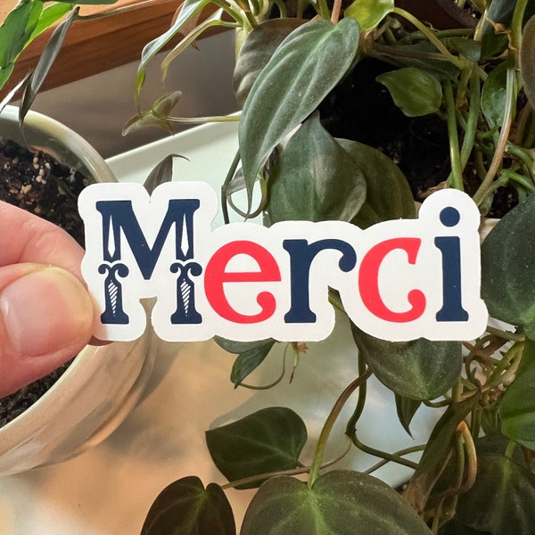 Merci Thank You French Die Cut Typography Sticker | Matte Vinyl Hello French Flag France Sticker | French Words Language Francophile