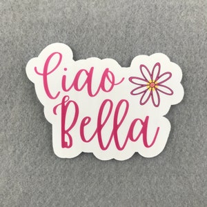 Ciao Bella Italian Sticker | Flowers Daisy Italian Script Word Art Sayings Hello Beautiful Die Cut Matte Vinyl Sticker |