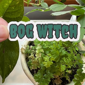 May include: A white sticker with black outlining and green lettering that reads "BOG WITCH".