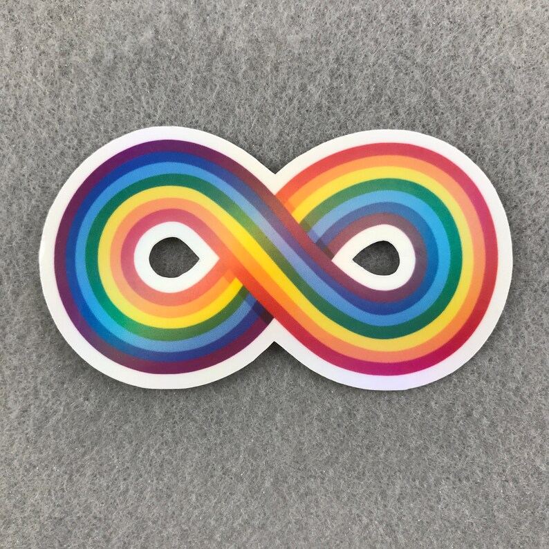 May include: A rainbow infinity symbol sticker. The symbol is made up of multiple stripes of color, including red, orange, yellow, green, blue, indigo, and violet.